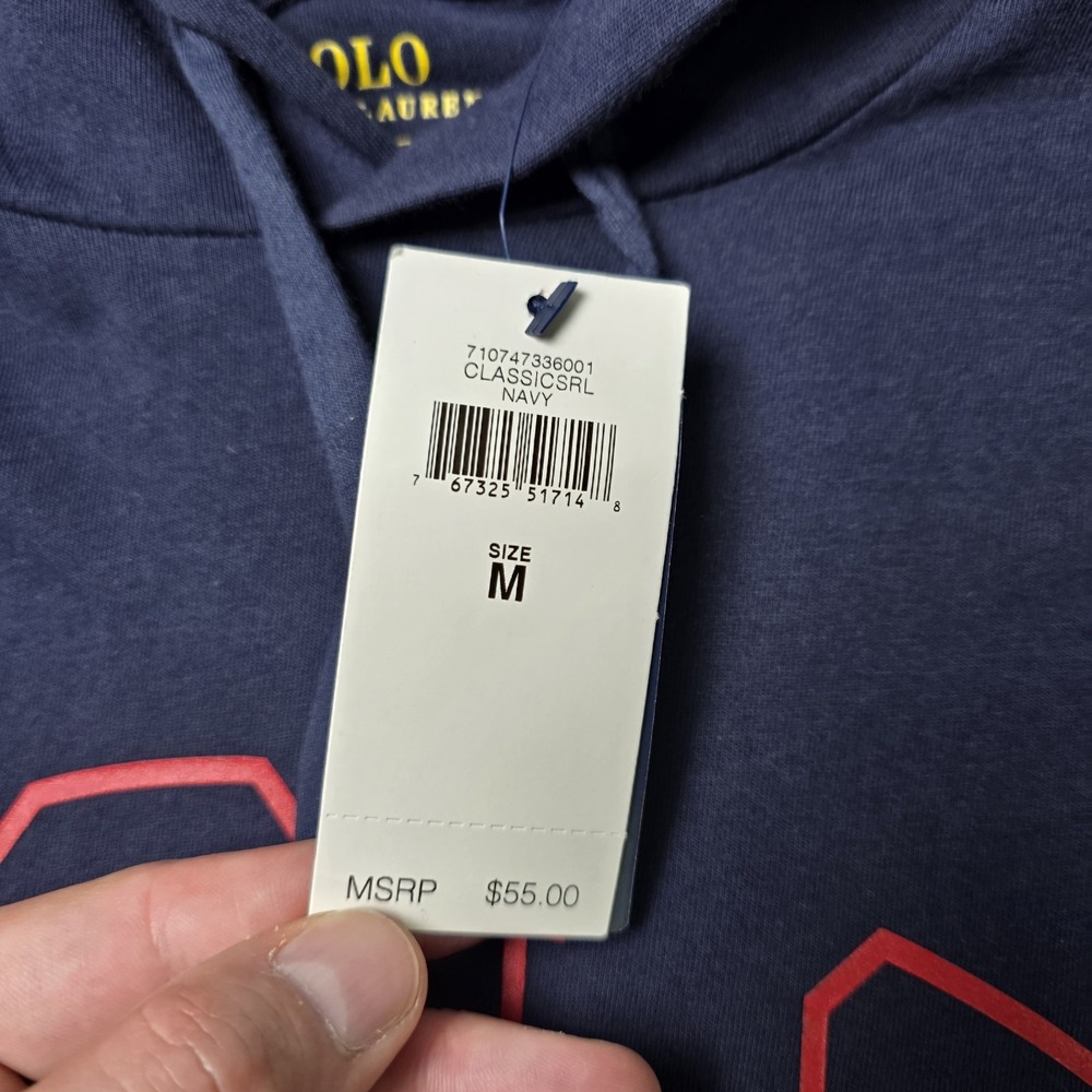 NWT Polo Ralph Lauren Hooded T Shirt Mens Medium Navy Blue Red Spellout Hoodie M - Picture 6 of 10
